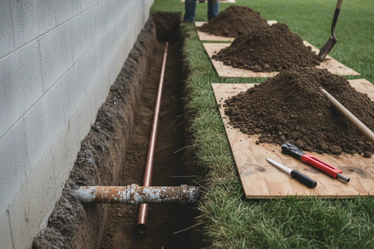 Excavated water line trench during Sewer Line Repair in Carolina Beach